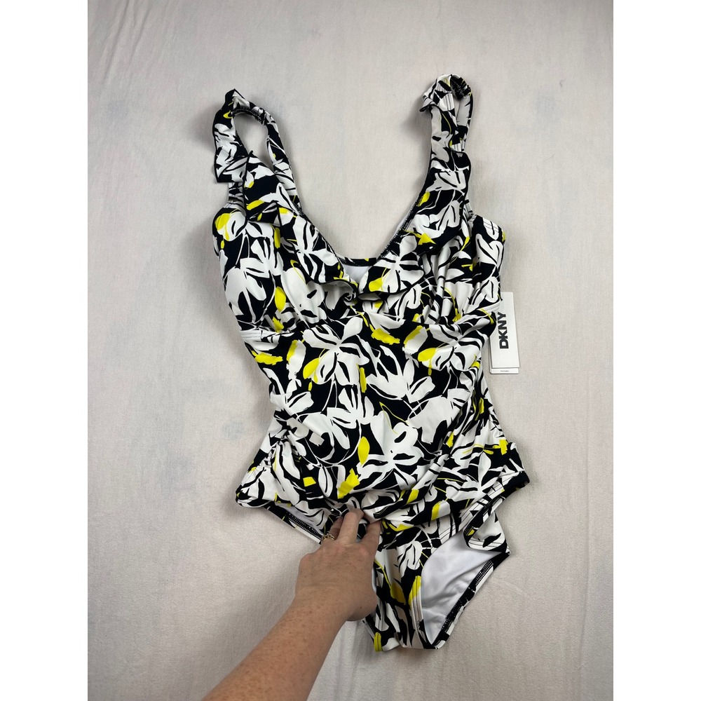 DKNY Womens Floral Ruffle One Piece‎ Swimsuit Black White Yellow UPF 40+ NWT